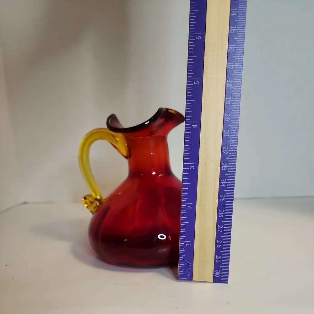 VTG Red Art Glass Optic Creamer Cruet Hand Blown Yellow Trim & Applied Handle
